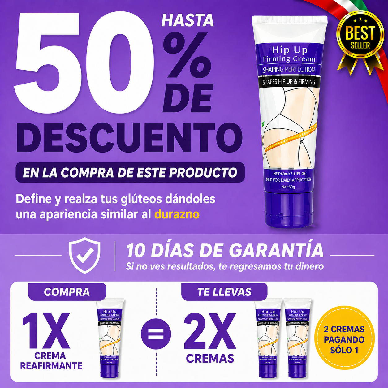 CREMA AUMENTA Y LEVANTA GLÚTEOS | PAGAS 1 Y TE LLEVAS 2